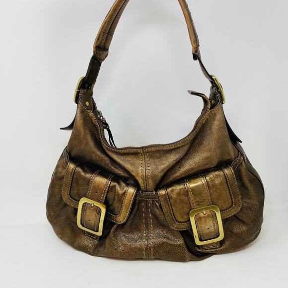 Cole Haan Metallic Leather Shoulder Bag Hobo Buckle Side - Picture 2 of 6